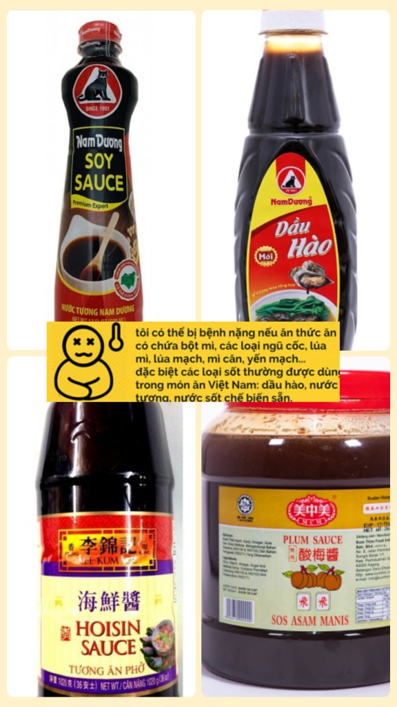 Collage des principales sauces à éviter et le texte de la carte de GF gourmet expliquant les aliments qu'il faut éviter.