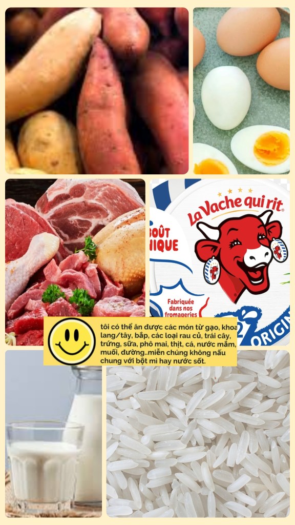 Collage avec des aliments compatibles avec un régime sans-gluten + la phrase de la carte de GF gourmet expliquant en vietnamien les ingrédients compatibles avec le régime sans gluten (/!\ aux personnes qui ne peuvent pas manger de produits laitiers)