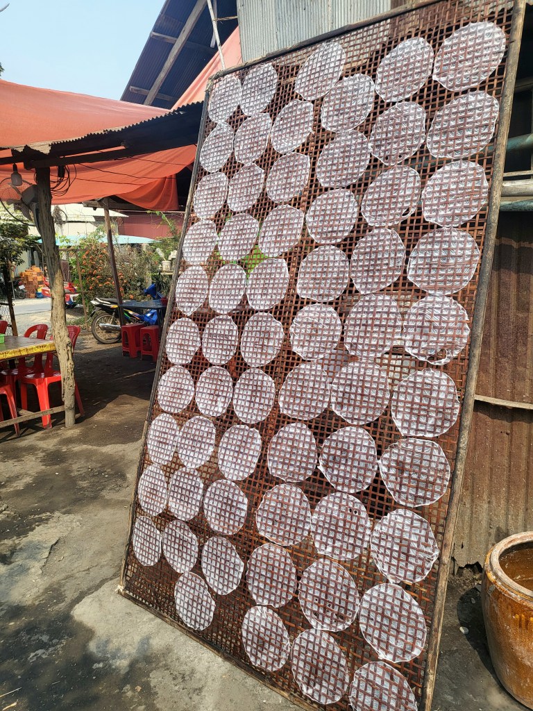 Des feuilles de riz en train d'être séchées "naturellement" grâce au soleil.

EN: Rice paper being sun-dried